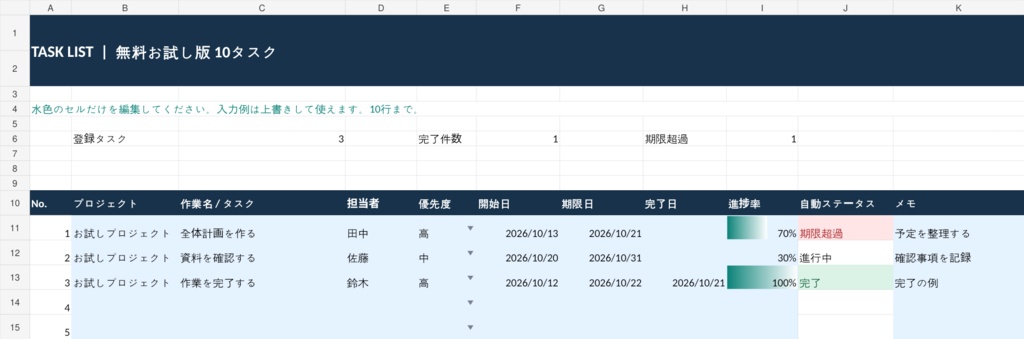 【無料・体験版】工程表・進捗管理Excel|10タスク・4週間ガントチャート