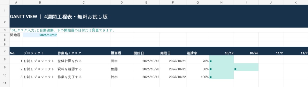 【無料・体験版】工程表・進捗管理Excel|10タスク・4週間ガントチャート