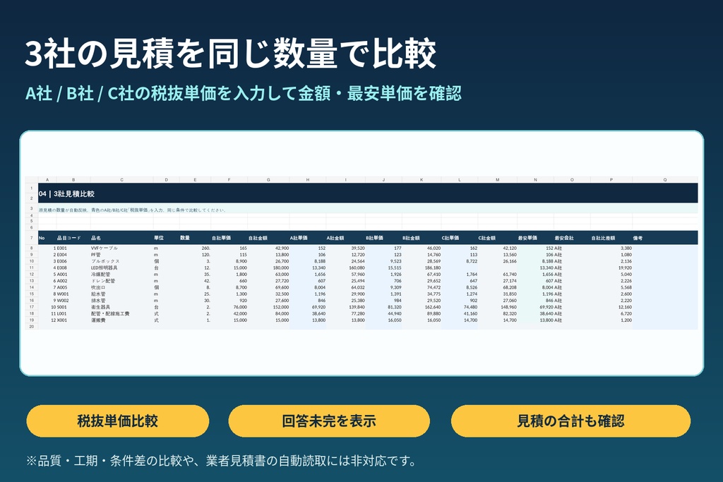 【Excel】設備工事の見積作成・3社見積比較テンプレート|自動集計・諸経費・見積書印刷