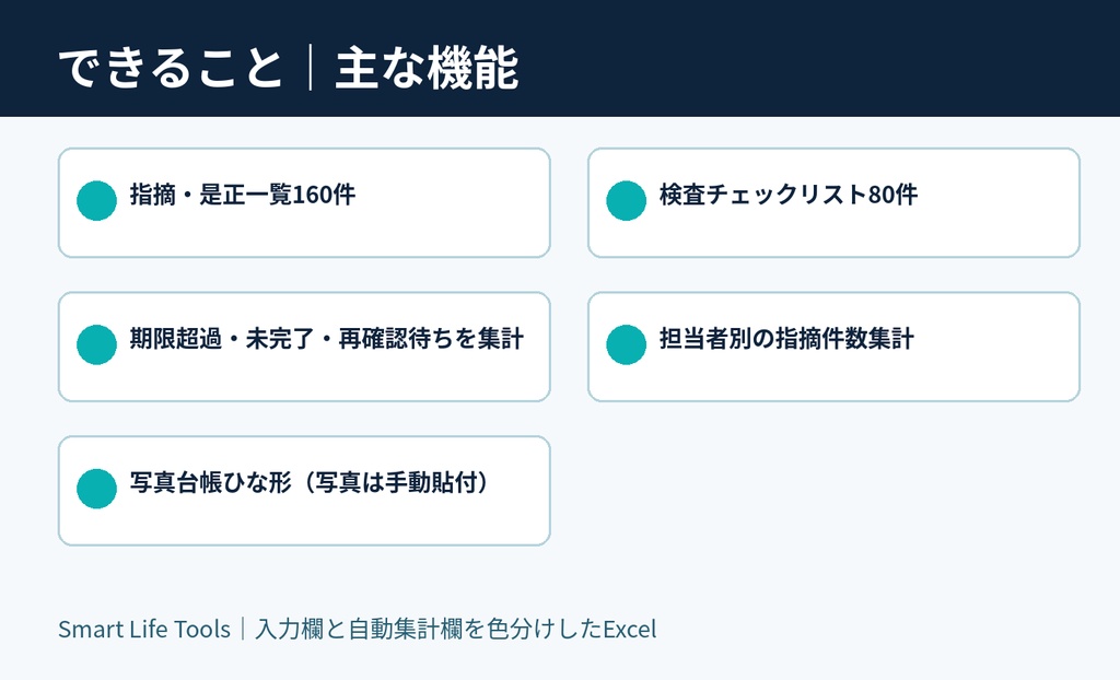 【Excel】工事検査・指摘・是正管理テンプレート|期限超過・再確認・写真台帳