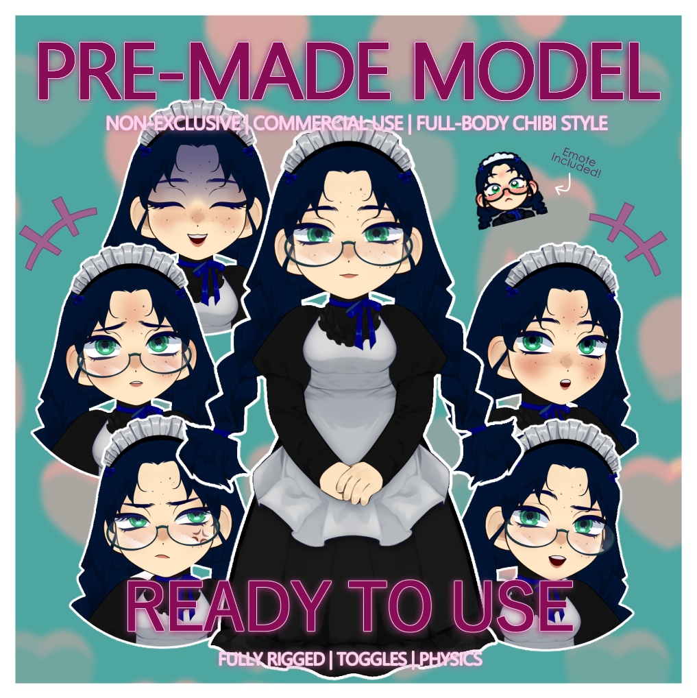 Premade Live2D Vtuber Model for Commercial Use | Non-exclusive | Fullbody Chibi | Toggles | Maid Girl with Glasses