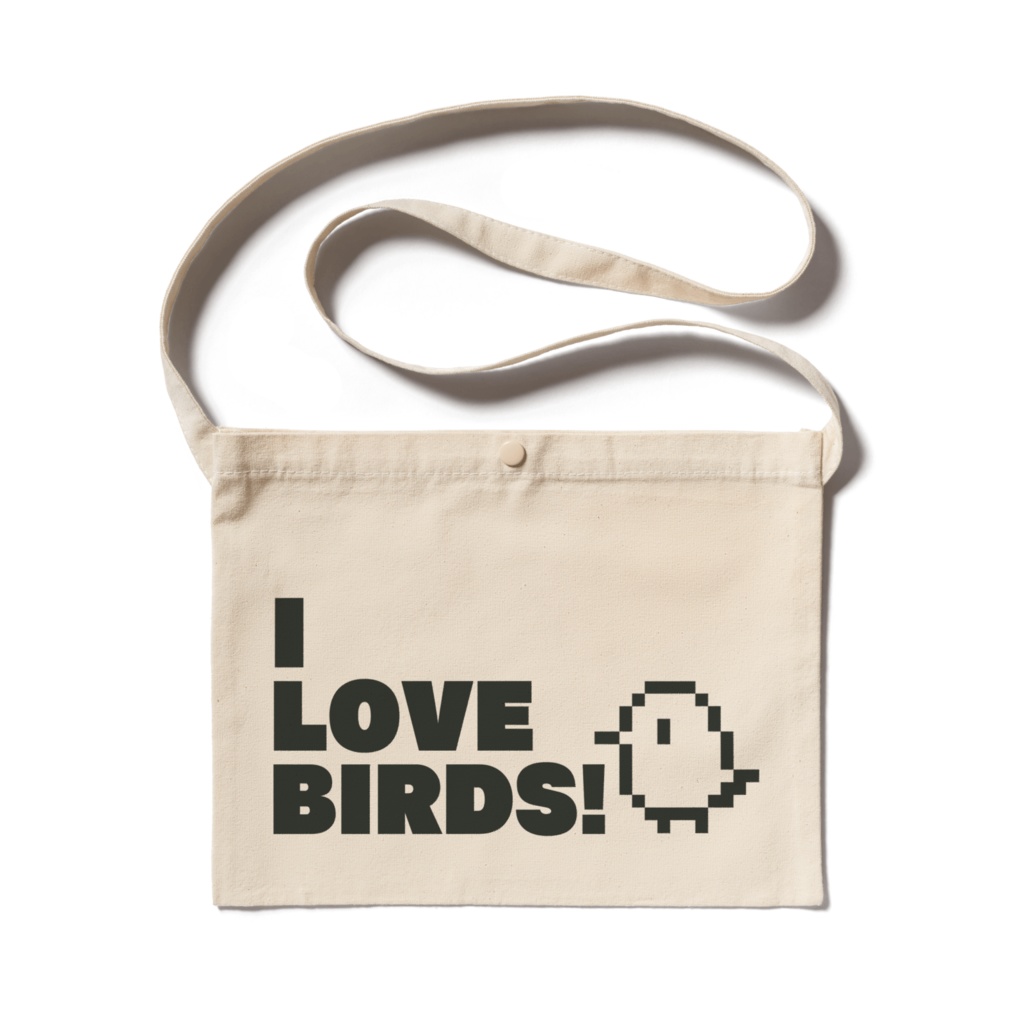 「I  LOVE BIRDS！」ドット絵サコッシュ（ナチュラル/黒）