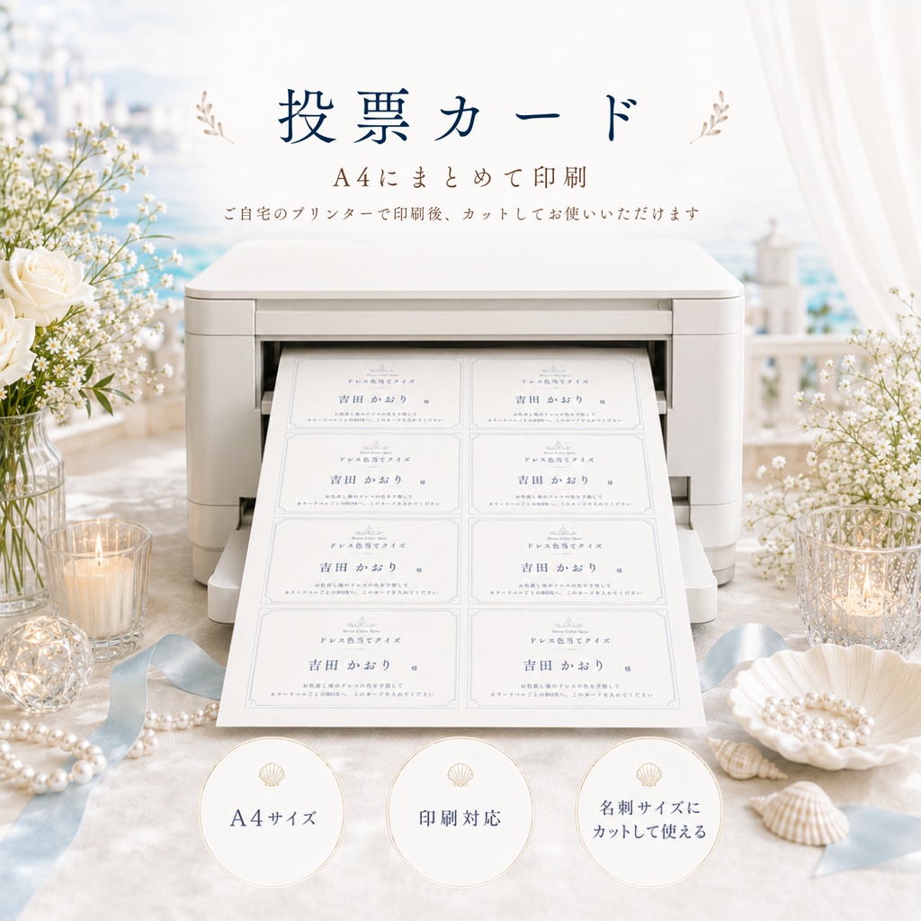 ドレス色当てクイズ テンプレート|Bloom Blue|リゾート婚に合う結婚式演出|Canva編集対応