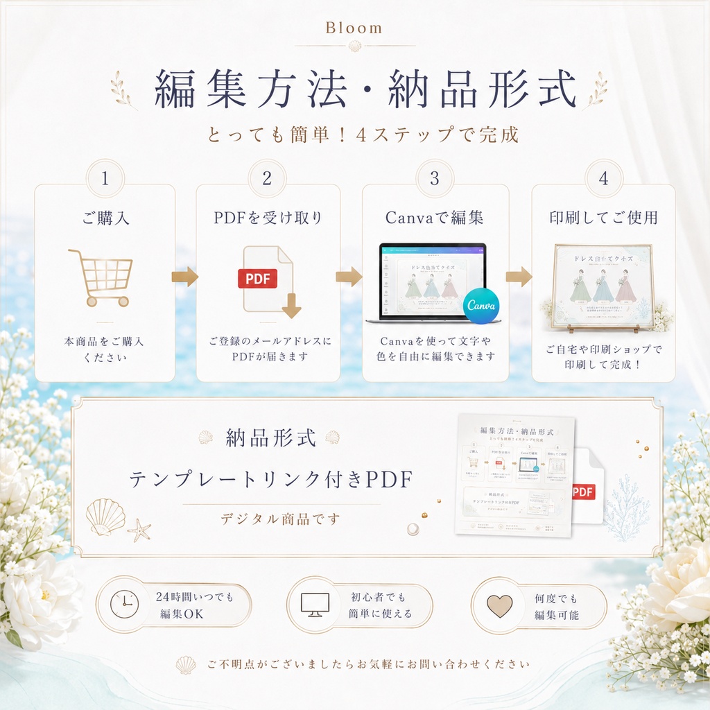 ドレス色当てクイズ 3色テンプレート|Bloom|Canva結婚式演出セット(ブルー))