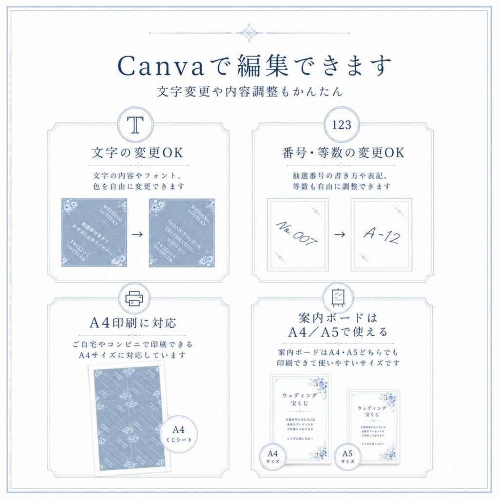 ウェディング宝くじ・抽選くじセット|Bloom Blue|Canva編集対応