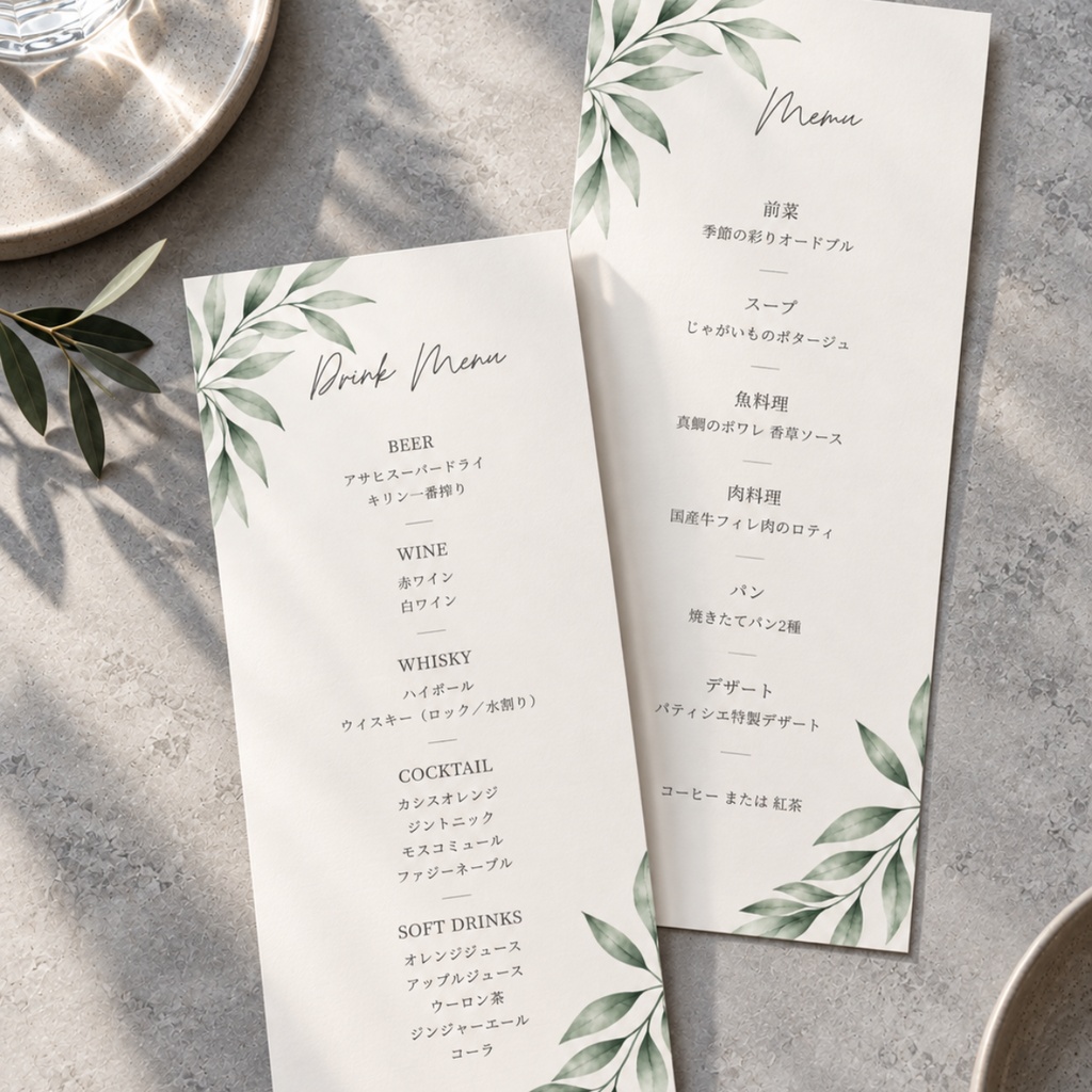 【結婚式DIY】料理メニュー&ドリンクメニュー 2点セット|Linea|Canva編集テンプレート・A5印刷
