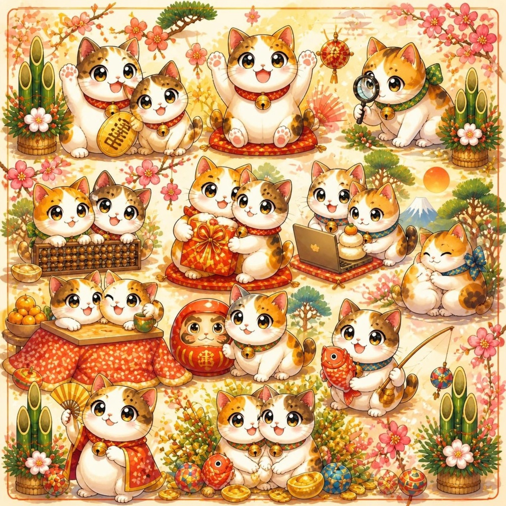 「笑う門には福来たる｜招き猫のお正月デジタルアート」