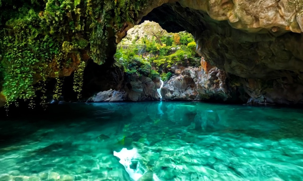 海辺と岩場トンネルの動画。4K高画質版