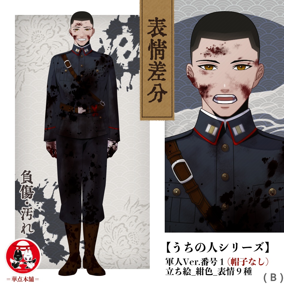 【キャラクター販売】立ち絵・表情9種|軍人Ver.番号1・〈負傷・汚れ〉(紺色)|うちの人シリーズ