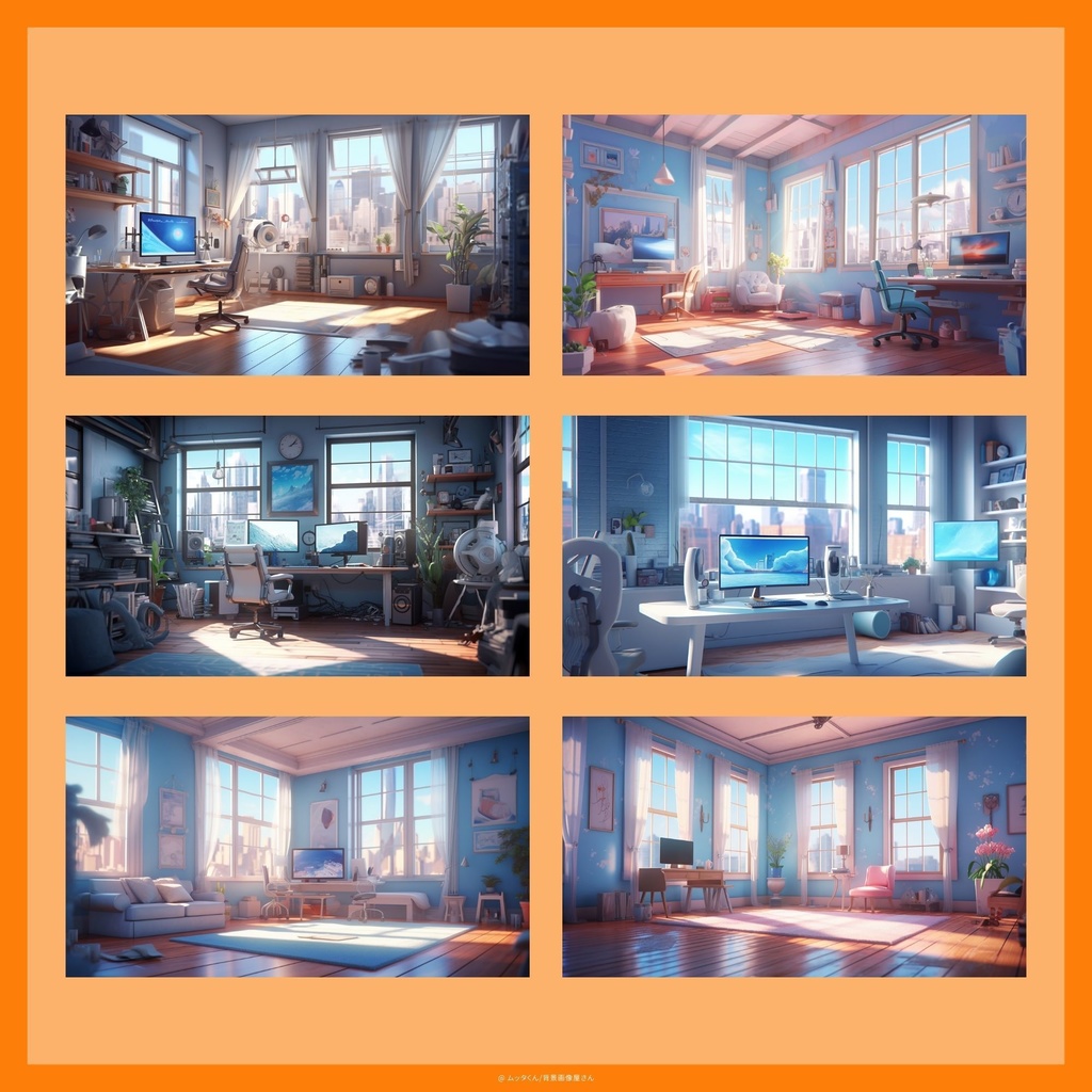 【背景画像】ゲームスタジオ部屋(朝)背景 8種類セット
