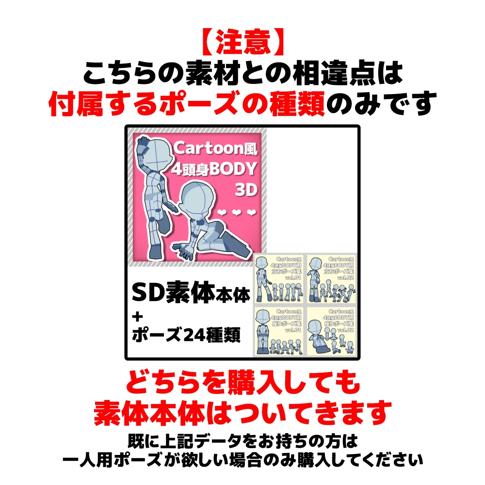 【クリスタ3D素材】Cartoon風4頭身BODY+二人ポーズ12種類【ポーズ素材】