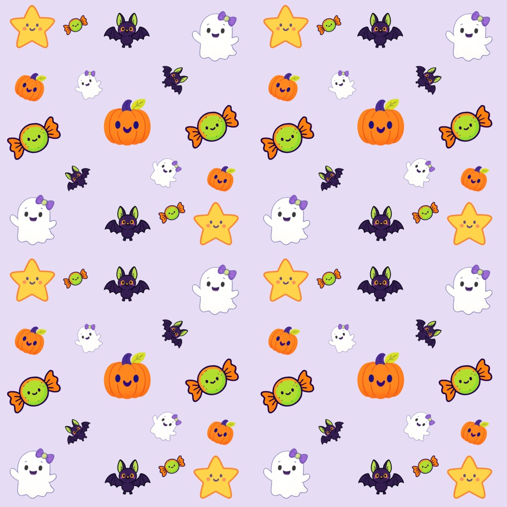 ハロウィンポップ シームレスパターン 3色セット|かぼちゃ・おばけ・コウモリ・キャンディ