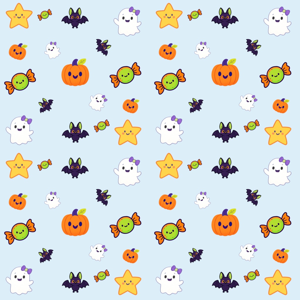 ハロウィンポップ シームレスパターン 3色セット|かぼちゃ・おばけ・コウモリ・キャンディ
