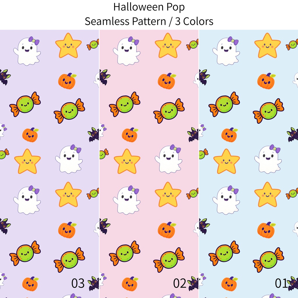 ハロウィンポップ シームレスパターン 3色セット|かぼちゃ・おばけ・コウモリ・キャンディ