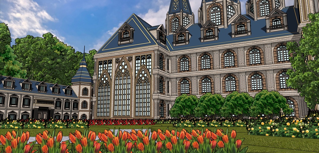 孔雀の城の大邸宅と広場庭園