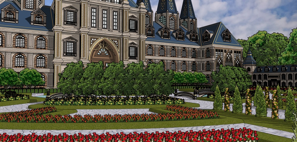 孔雀の城の大邸宅と広場庭園