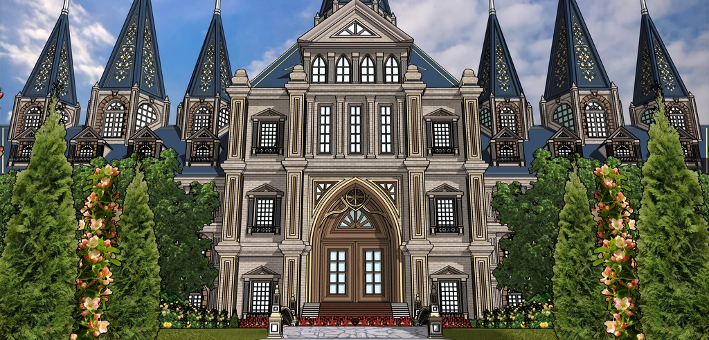 孔雀の城の大邸宅と広場庭園