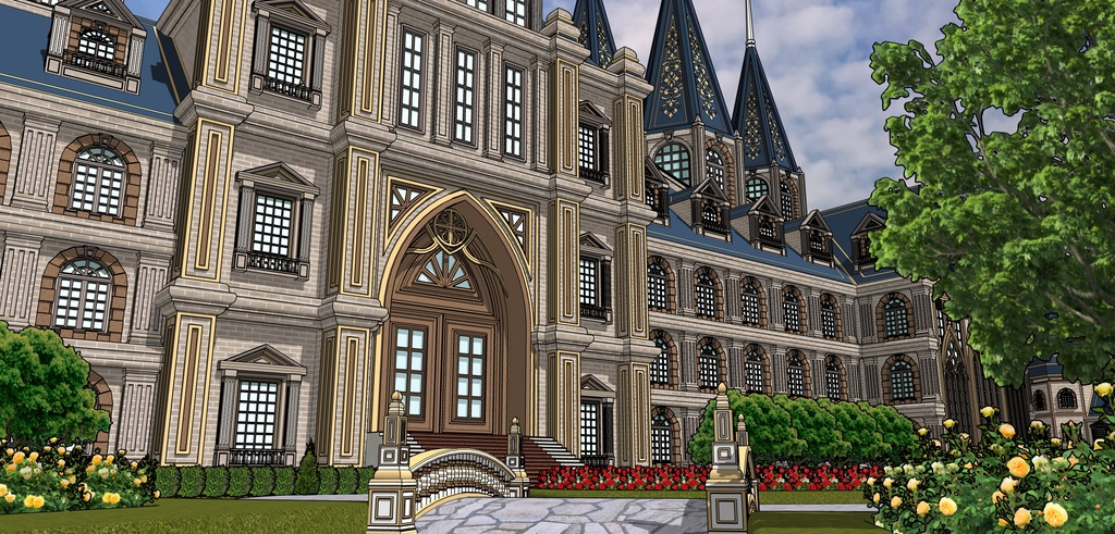 孔雀の城の大邸宅と広場庭園