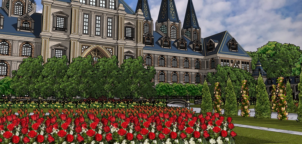 孔雀の城の大邸宅と広場庭園