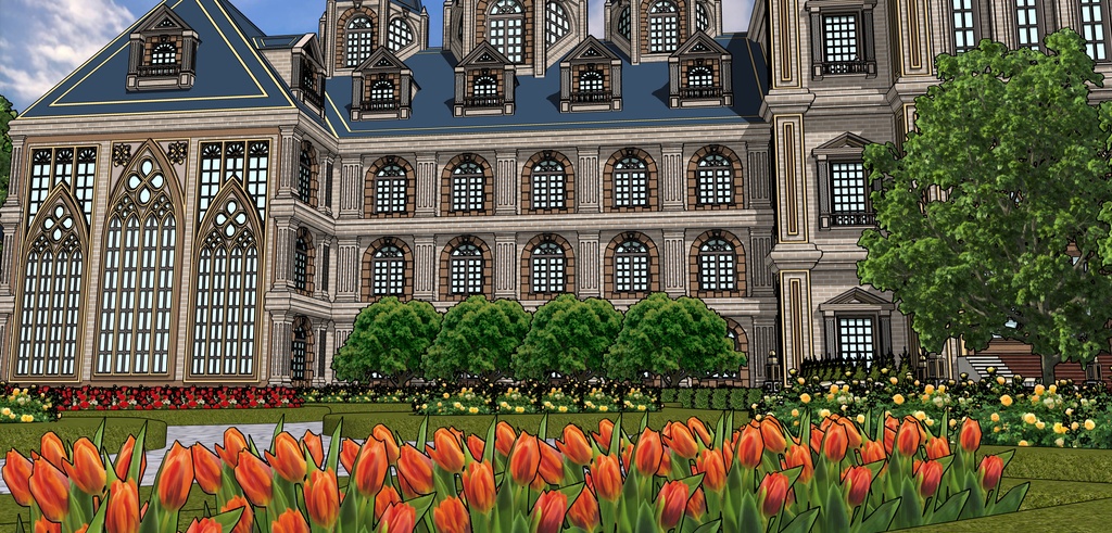 孔雀の城の大邸宅と広場庭園