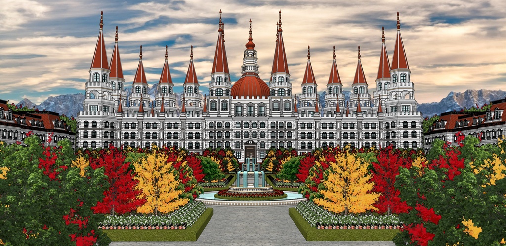 大邸宅と春の広場庭園