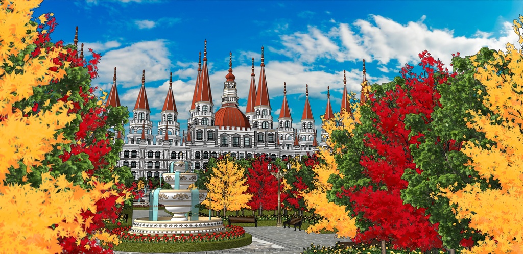 大邸宅と春の広場庭園