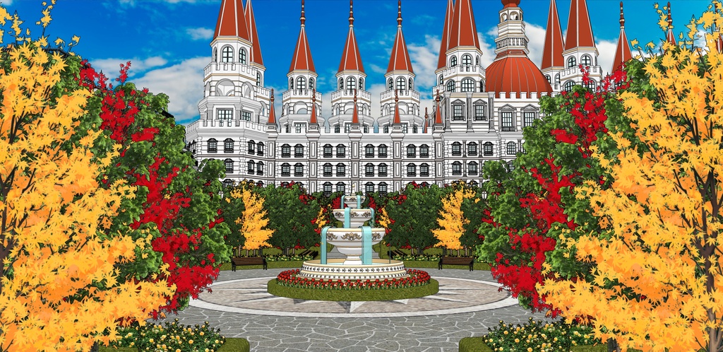 大邸宅と春の広場庭園