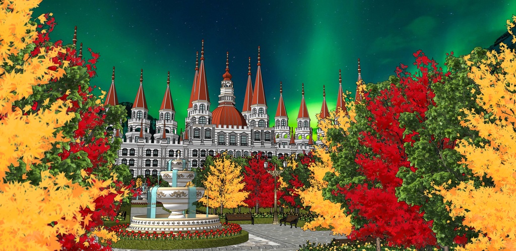 大邸宅と春の広場庭園