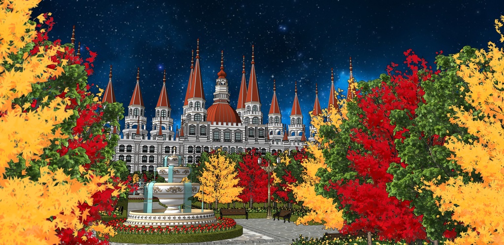 大邸宅と春の広場庭園