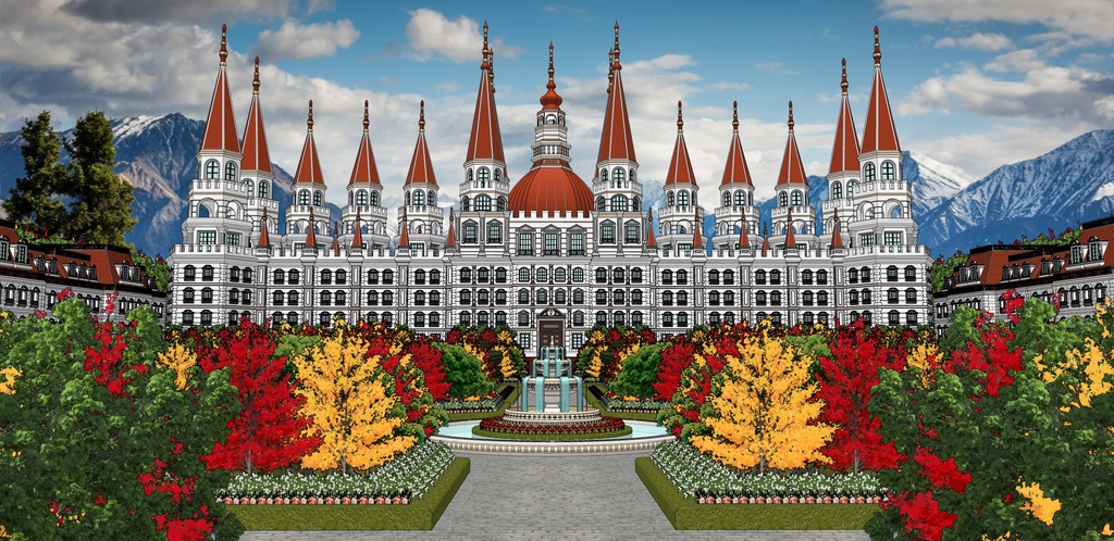 大邸宅と春の広場庭園