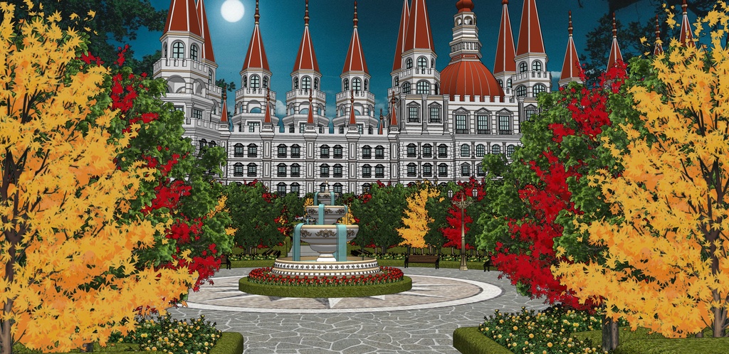 大邸宅と春の広場庭園