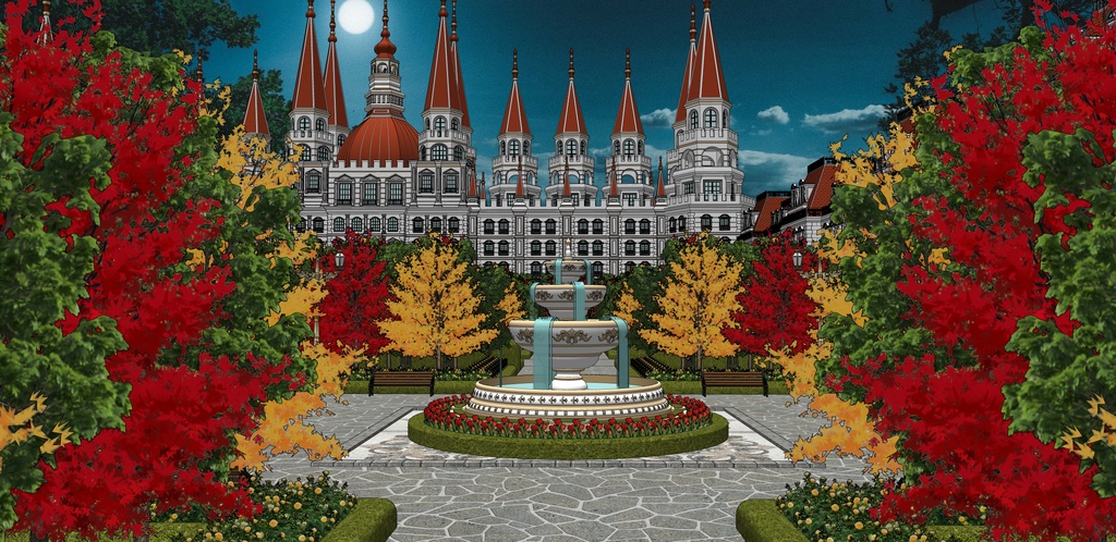 大邸宅と春の広場庭園