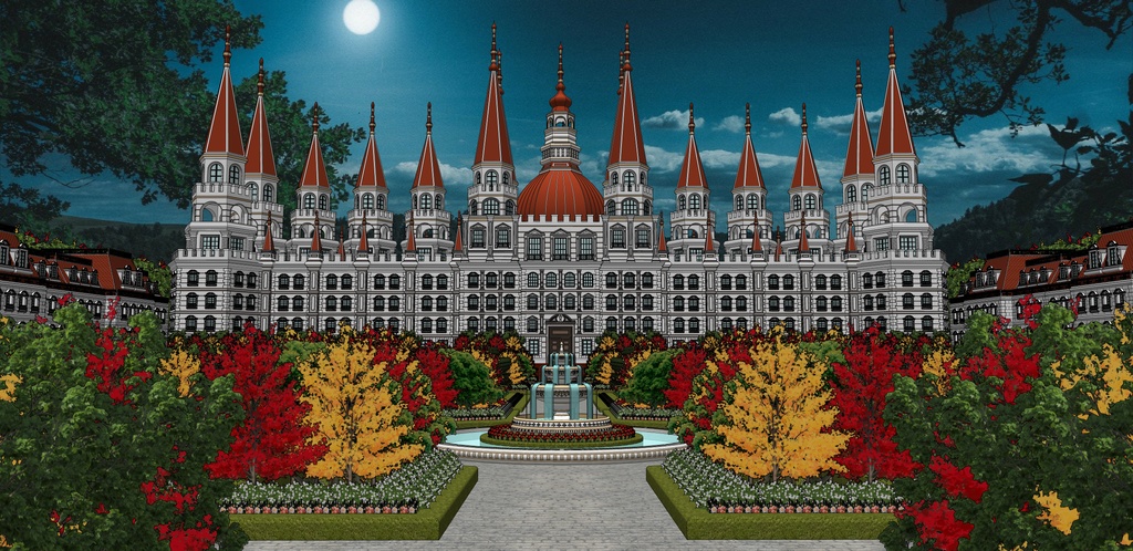 大邸宅と春の広場庭園