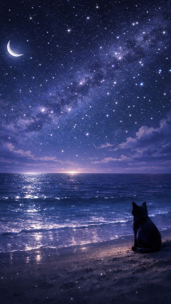 スマホ壁紙(蒼い海と黒猫の時間)