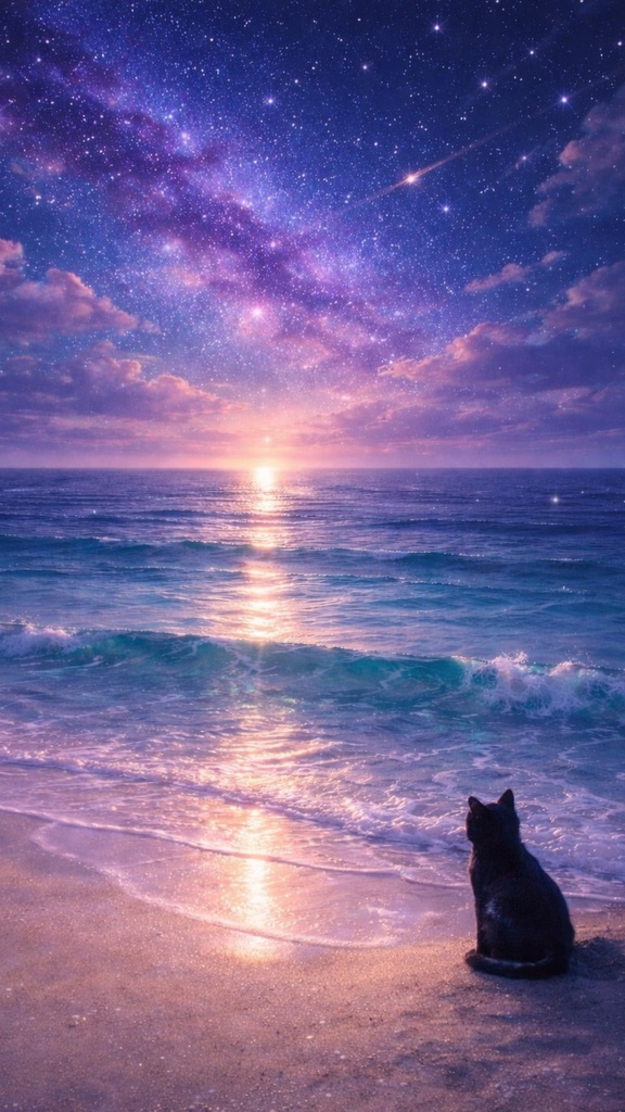 スマホ壁紙(海辺で佇む黒猫)