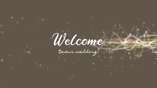 【クレジット表記不要の高解像度版】輝くうねうねラインとパーティクルの「Welcome to Our Wedding!」【モカブラウン】[High-res version with no attribution required] Winding Light Effects and Particles on Mocha Brown BG