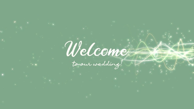 【クレジット表記不要の高解像度版】輝くうねうねラインとパーティクルの「Welcome to Our Wedding!」【モスグリーン】[High-res version with no attribution required] Winding Light Effects and Particles on Moss Green BG