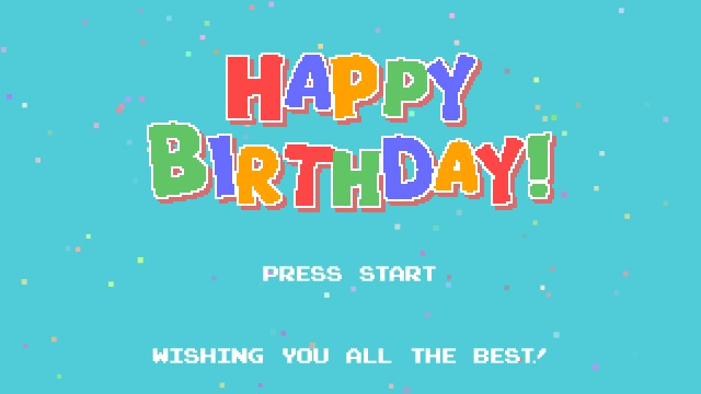 【クレジット表記不要の高解像度版】ドット絵レトロゲームのタイトル画面風「Happy Birthday!」[High-res version with no attribution required] Happy Birthday, 8-Bit Retro Game Style Pixel Art Title Screen