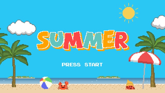 【クレジット表記不要の高解像度版】夏のビーチ！ファミコンのタイトル画面風「Summer」【ドット絵】[High-res version with no attribution required] 8-Bit Pixel Art Summer Beach like Retro Game Title Screen