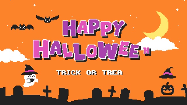 【クレジット表記不要の高解像度版】「ハッピーハロウィン」かわいいドット絵のタイトルアニメーション [High-res version with no attribution required] Happy Halloween, Trick or Treat, 8-Bit Pixel Art Title Animation