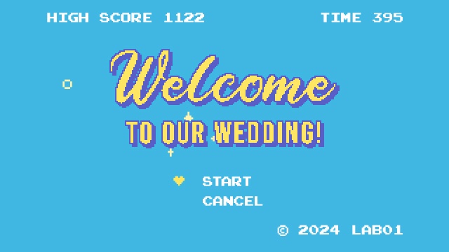 【クレジット表記不要の高解像度版】ファミコンタイトル画面風の「Welcome to Our Wedding!」【ライトブルー】[High-res version with no attribution required] Welcome to Our Wedding! 8-Bit Retro Game Title Screen on Light Blue BG