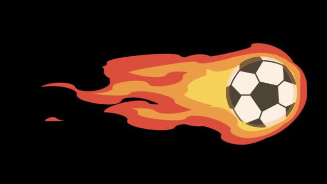 【クレジット表記不要の高解像度版】サッカーボールが炎を纏って飛んでいるアニメーション【黒背景】[High-res version with no attribution required] Flying Soccer Ball with Fire Flames on Black Background, Looping Animation