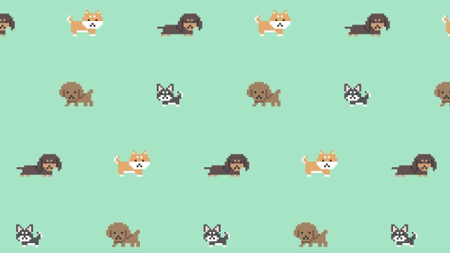 【クレジット表記不要の高解像度版】ドット絵の犬のパターン背景動画【グリーン系背景】[High-res version with no attribution required] Dog Pattern in Pixel Art Animation, Green Looping Background