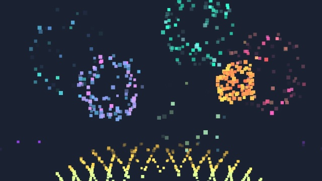 【クレジット表記不要の高解像度版】ピクセルで出来たドット絵っぽい連続打ち上げ花火のアニメーション [High-res version with no attribution required] Spectacular Fireworks Animation Made of Pixels, Looping Background