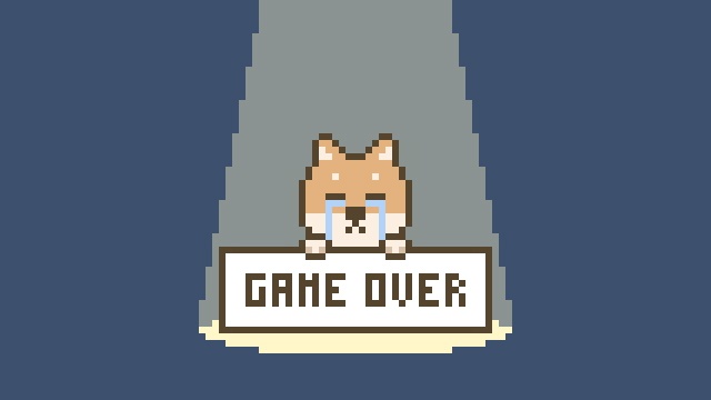 【動画素材】ドット絵で描かれた柴犬のゲームオーバー画面【ブルー系背景】[Stock Video] Game Over Screen of Pixel Art Shiba Inu on Bluish Background, Loop Animation