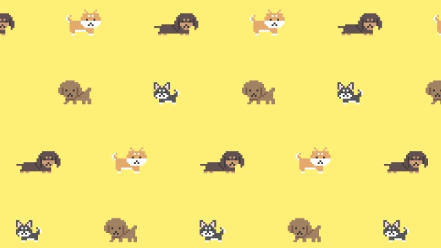 【動画素材】ドット絵の犬のパターン背景動画【イエロー系背景】[Stock Video] Dog Pattern in Pixel Art Animation, Yellow Loop Background