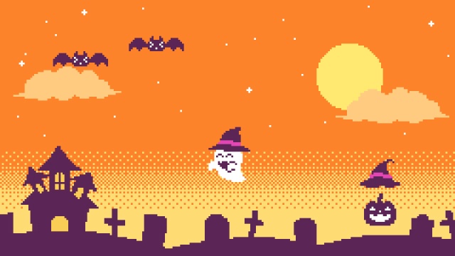 【動画素材】ハロウィン用ドット絵の背景動画素材【オレンジ夜空】[Stock Video] Halloween Pixel Art, Orange Sky, Loop Background