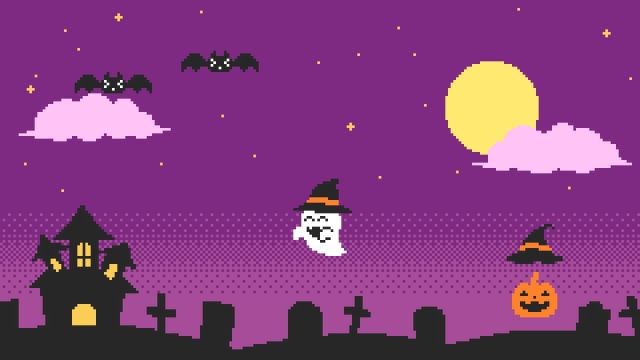 【動画素材】ハロウィン用ドット絵の背景動画素材【パープル夜空】[Stock Video] Halloween Pixel Art, Purple Sky, Loop Background
