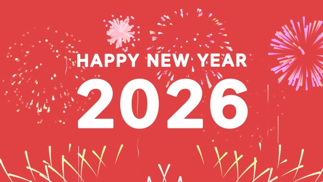 【動画素材】「Happy New Year! 2026」10秒カウントダウンと年越し打ち上げ花火のアニメーション素材【レッド背景】[Stock Video] Happy New Year 2026, 10-Second Countdown and Fireworks Animation on Red Background