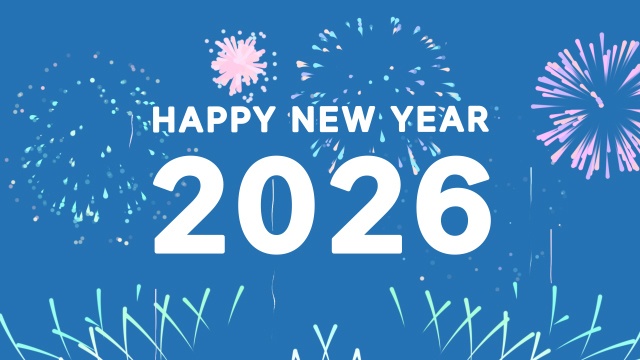 【動画素材】「Happy New Year! 2026」10秒カウントダウンと年越し打ち上げ花火のアニメーション素材【ブルー背景】[Stock Video] Happy New Year 2026, 10-Second Countdown and Fireworks Animation on Blue Background
